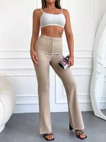 RueChic High Waist Flare Leg Trousers - Apricot - View 5
