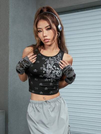 Grunge Punk Skull Print Tank Top