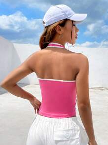 SHEIN EZwear 星星和字母圖案撞色滾邊掛脖上衣 - 粉色 - 查看 2