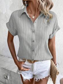 SHEIN LUNE 素色蝙蝠袖前紐扣襯衫 - 灰色 - 查看 3