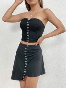 Zolique Bộ đồ hai mảnh nữ Thùa khuyết màu trơn Giải trí - màu đen - Xem 1