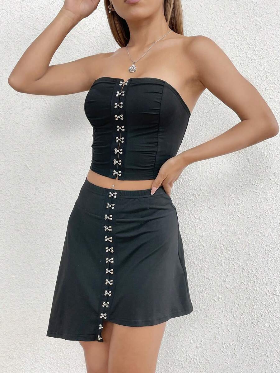 Zolique Bộ đồ hai mảnh nữ Thùa khuyết màu trơn Giải trí - màu đen - Xem 1