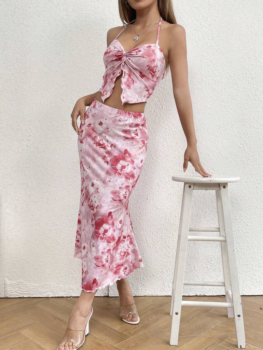 Zolique 紮染胸部褶皺掛脖上衣和魚尾短裙 - 粉色 - 查看 1