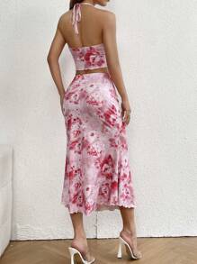 Zolique 紮染胸部褶皺掛脖上衣和魚尾短裙 - 粉色 - 查看 2