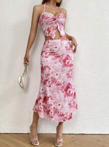 Zolique 紮染胸部褶皺掛脖上衣和魚尾短裙 - 粉色 - 查看 5