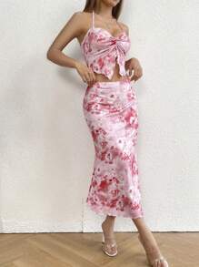 Zolique 紮染胸部褶皺掛脖上衣和魚尾短裙 - 粉色 - 查看 3