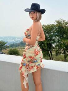 SHEIN ICON Figure and Floral Print Ruched Side Ruffle Hem Mesh Cami Dress - Multicolor - View 4