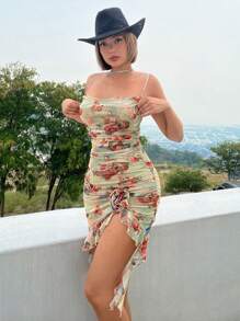 SHEIN ICON Figure and Floral Print Ruched Side Ruffle Hem Mesh Cami Dress - Multicolor - View 2