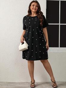 SHEIN Clasi 大碼珍珠串珠T恤連衣裙 - 黑色 - 查看 1