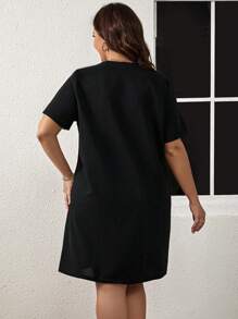 SHEIN Clasi 大碼珍珠串珠T恤連衣裙 - 黑色 - 查看 2