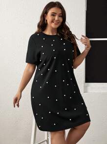 SHEIN Clasi 大碼珍珠串珠T恤連衣裙 - 黑色 - 查看 3