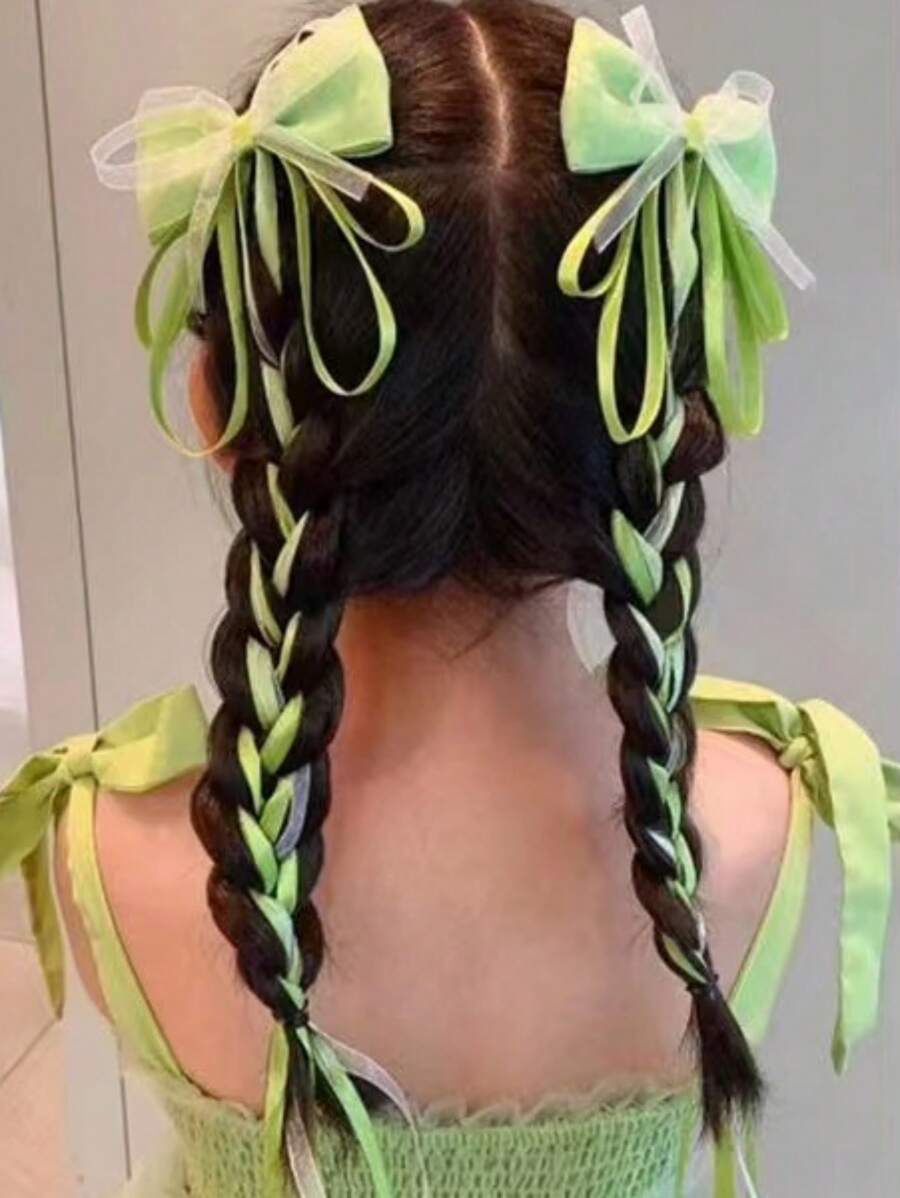 2pcs Girls Bowknot Decor Hair Clips - Green - View 1