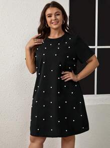 SHEIN Clasi 大碼珍珠串珠T恤連衣裙 - 黑色 - 查看 4