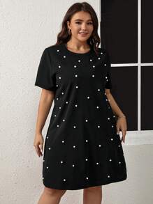 SHEIN Clasi 大碼珍珠串珠T恤連衣裙 - 黑色 - 查看 6