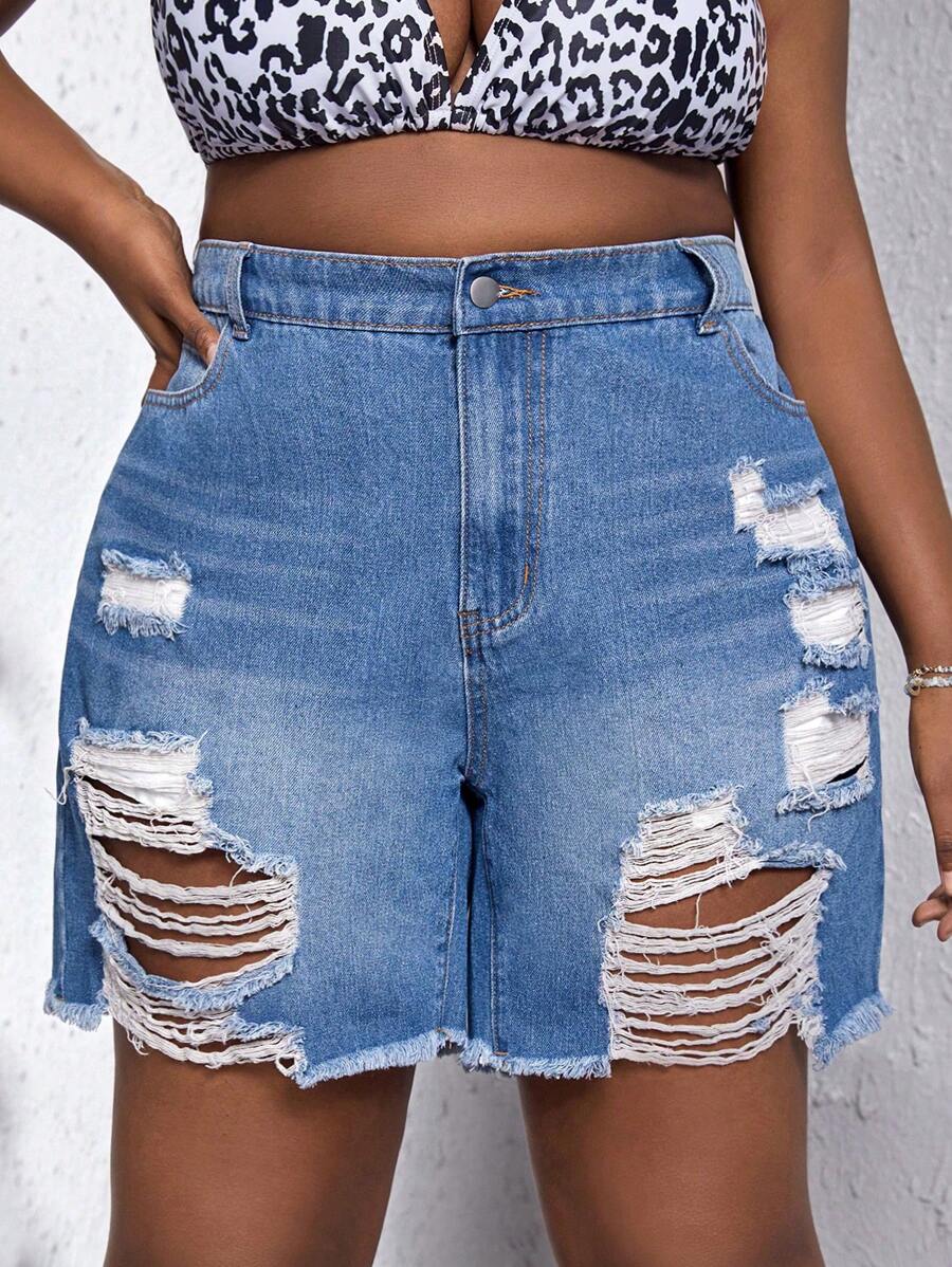 SHEIN SXY Plus Raw Hem Ripped Denim Shorts - Medium Wash - View 1