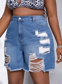 SHEIN SXY Plus Raw Hem Ripped Denim Shorts - Medium Wash - View 3