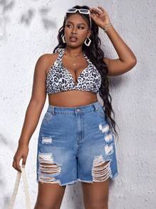 SHEIN SXY Plus Raw Hem Ripped Denim Shorts - Medium Wash - View 4