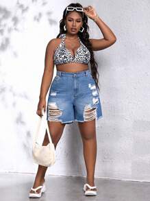 SHEIN SXY Plus Raw Hem Ripped Denim Shorts - Medium Wash - View 5