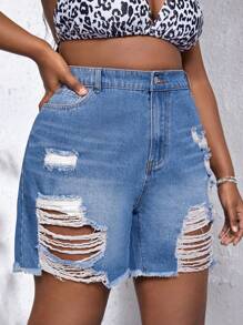 SHEIN SXY Plus Raw Hem Ripped Denim Shorts - Medium Wash - View 6