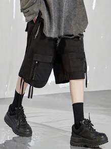 Manfinity Roghcode Men's Loose Flap Pocket Drawstring Waist Cargo Baggy Shorts Plain - Black - View 2