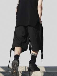 Manfinity Roghcode Men's Loose Flap Pocket Drawstring Waist Cargo Baggy Shorts Plain - Black - View 3