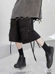 Manfinity Roghcode Men's Loose Flap Pocket Drawstring Waist Cargo Baggy Shorts Plain - Black - View 4