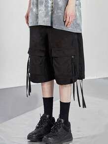 Manfinity Roghcode Men's Loose Flap Pocket Drawstring Waist Cargo Baggy Shorts Plain - Black - View 5