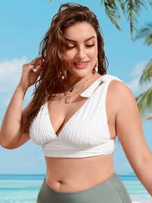 SHEIN Swim Curve Top de bikini con hombros anudados de color sólido en tallas grandes para el verano y las vacaciones en la playa - Blanco - Ver 2