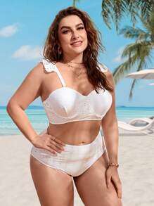 SHEIN Plus Size Ruffle Trim Push Up Bikini Set Summer Beach - White - View 3