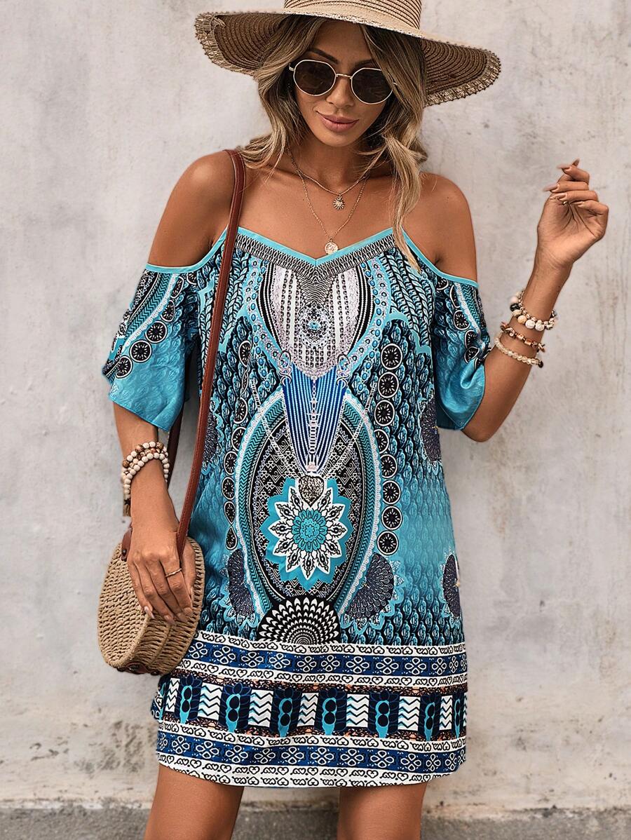 SHEIN VCAY Geo Print Cold Shoulder Dress - Blue - View 1