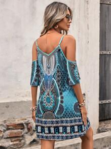 SHEIN VCAY Geo Print Cold Shoulder Dress - Blue - View 2