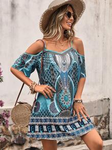 SHEIN VCAY Geo Print Cold Shoulder Dress - Blue - View 3