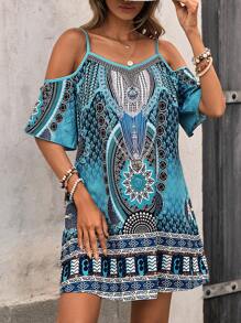 SHEIN VCAY Geo Print Cold Shoulder Dress - Blue - View 5
