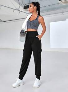 Yoga Basic 寬腰帶側翻蓋口袋工裝運動褲