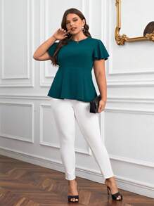 SHEIN Clasi Plus Butterfly Sleeve Peplum Tee - Dark Green - View 3