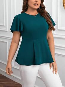 SHEIN Clasi Plus Butterfly Sleeve Peplum Tee - Dark Green - View 4