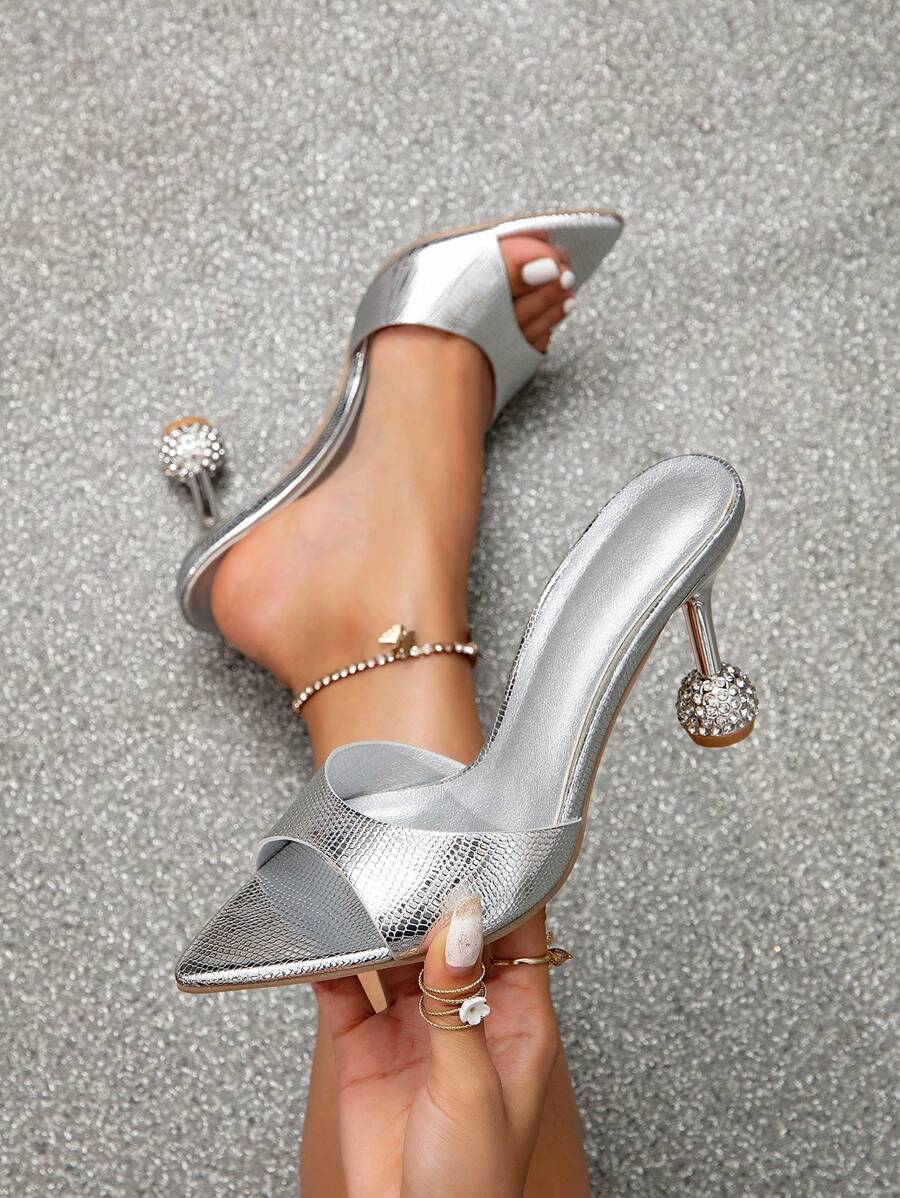 Women Metallic Snakeskin Embossed Sculptural Heeled Mule Sandals, Glamorous Sandals