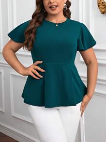 SHEIN Clasi Plus Butterfly Sleeve Peplum Tee - Dark Green - View 5