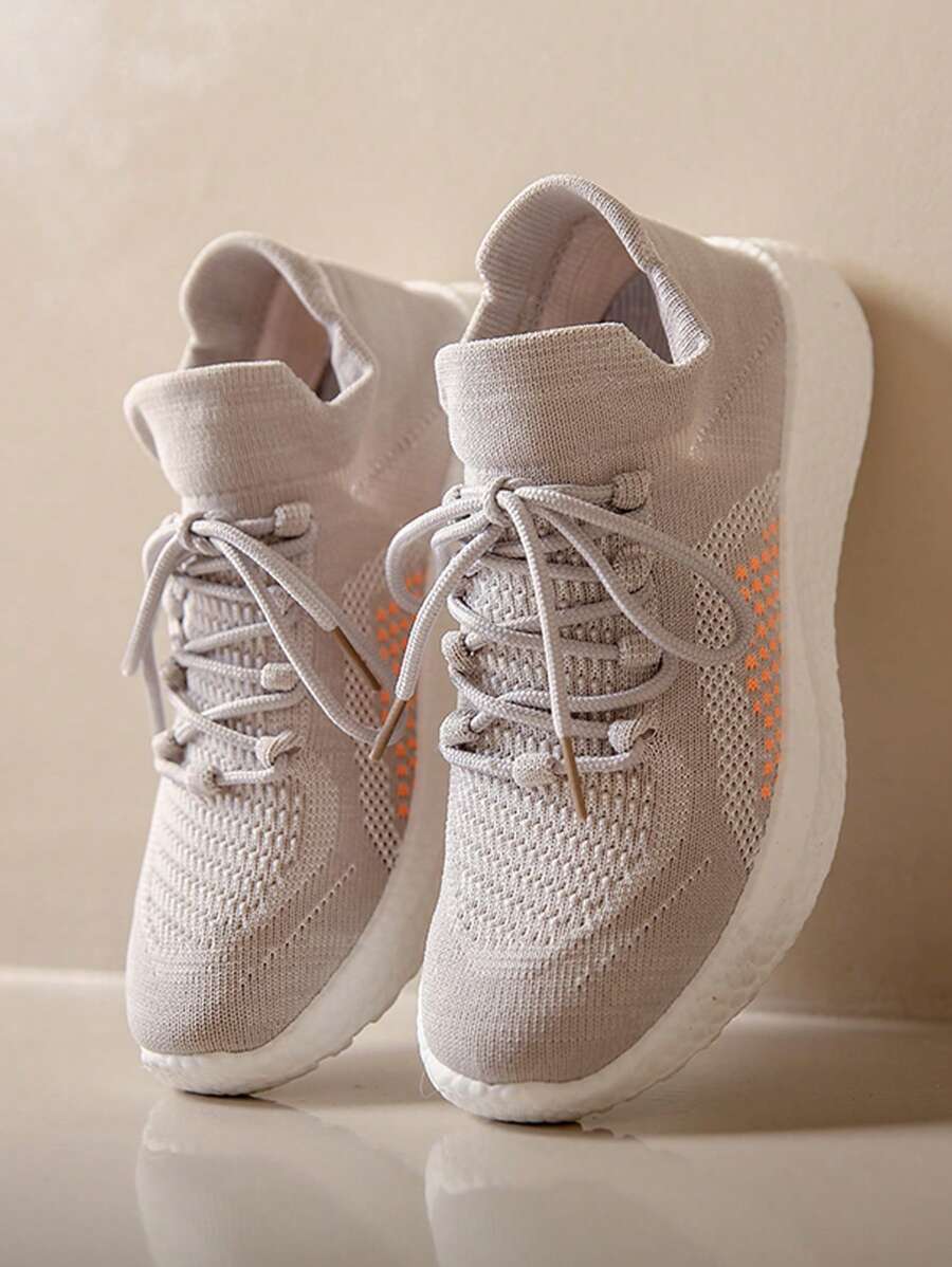 女士撞色繫帶裝飾針織跑鞋，運動型戶外面料運動鞋