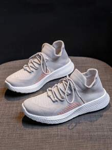 女士撞色繫帶裝飾針織跑鞋，運動型戶外面料運動鞋