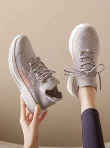 女士撞色繫帶裝飾針織跑鞋，運動型戶外面料運動鞋