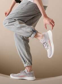 女士撞色繫帶裝飾針織跑鞋，運動型戶外面料運動鞋