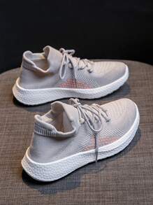 女士撞色繫帶裝飾針織跑鞋，運動型戶外面料運動鞋