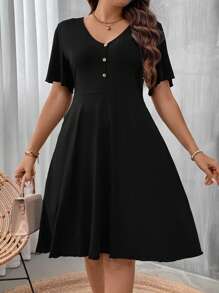 SHEIN LUNE Plus Button Front A-line Dress - Black - View 5