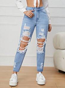 SHEIN EZwear Ripped Mom Fit Jeans - Light Wash - View 1