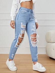 SHEIN EZwear Ripped Mom Fit Jeans - Light Wash - View 4
