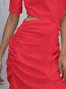 SHEIN LUNE Đầm Cắt ra Xù Nút phía trước màu trơn Giải trí - Đỏ - Xem 3