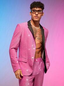 FeverCity Áo khoác Blazer nam cài khuy đơn lấp lánh, dành cho mùa thu đông - Màu Hồng Tươi - Xem 6