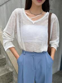 DAZY Suéter sólido de cuello en V con hombros caídos sin top tubo transparente de otoño - Blanco - Ver 1