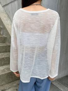 DAZY Suéter sólido de cuello en V con hombros caídos sin top tubo transparente de otoño - Blanco - Ver 2